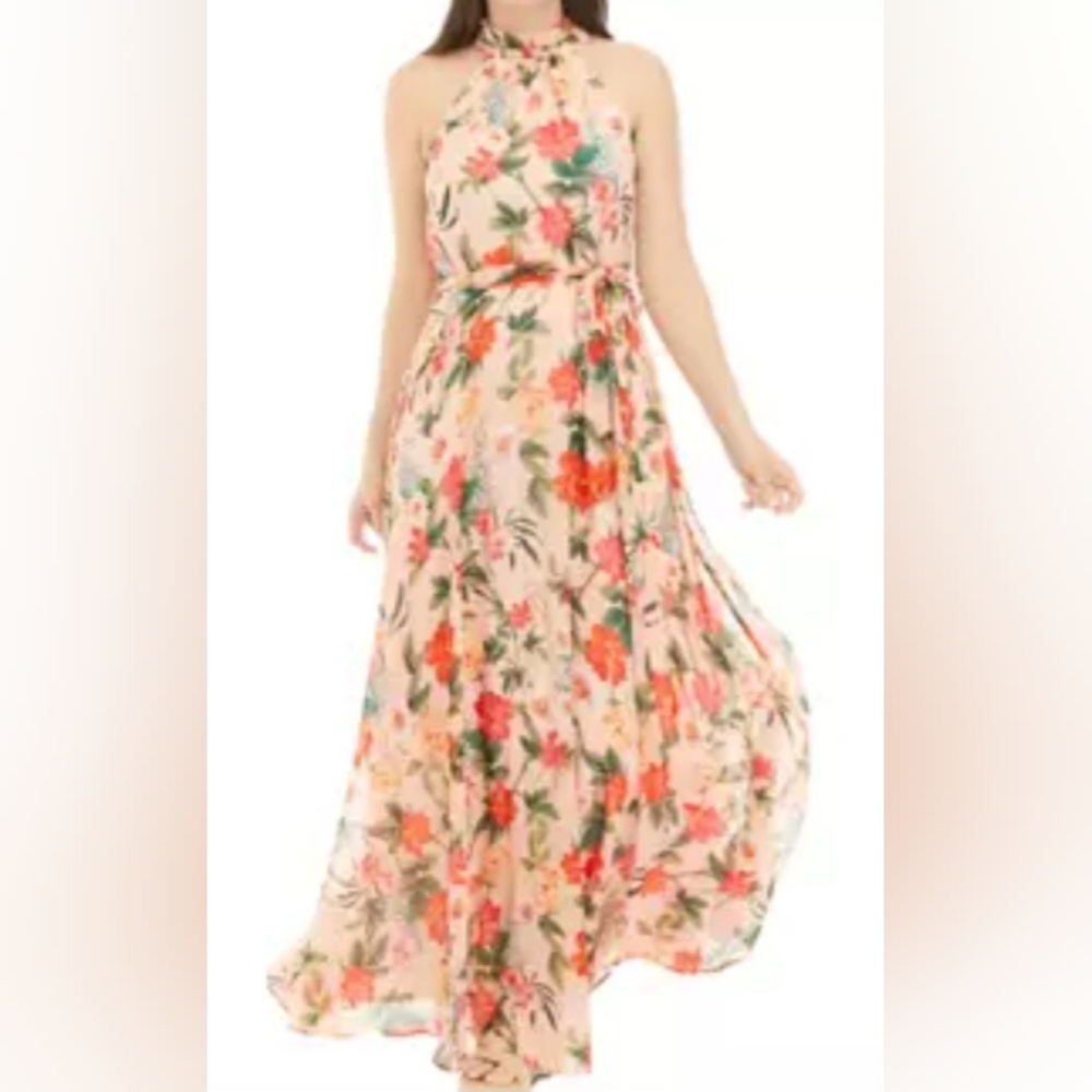 Eliza J Floral Halter Neck Maxi Dress Peach Pink Red Green Tie Waist Flowy Sz 14